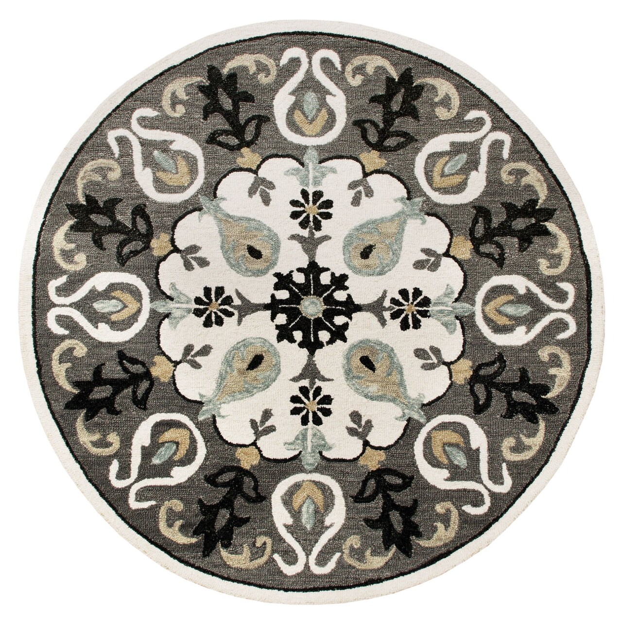 Laddha Home Designs 5' Gray and White Medallion Round Area Throw Rug